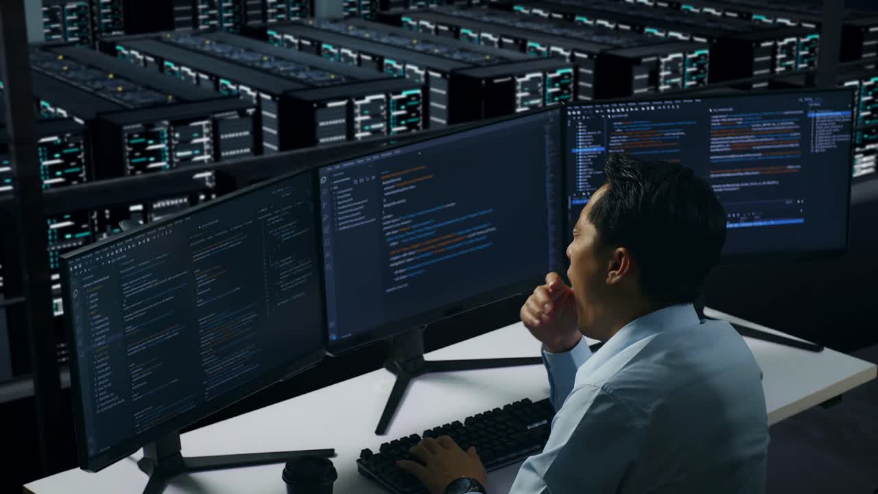 vista trasera de un hombre asiático cansado bostezando mientras trabajaba con un simulacro de varios monitores de computadora en el centro de datos