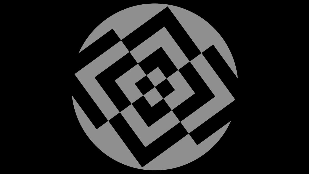 objeto gráfico en blanco y negro con efecto estroboscópico e hipnótico, que gira en el sentido de las agujas del reloj disminuyendo el tamaño de pantalla completa a desaparecer en el centro, en formato de video 16: 9