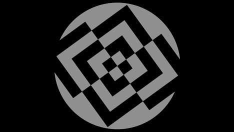 objeto gráfico en blanco y negro con efecto estroboscópico e hipnótico, que gira en el sentido de las agujas del reloj disminuyendo el tamaño de pantalla completa a desaparecer en el centro, en formato de video 16: 9