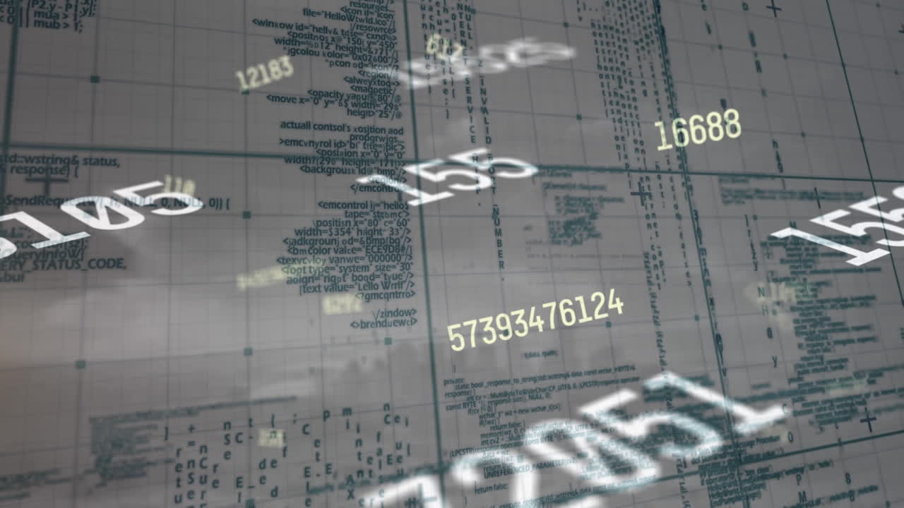 animación de números cambiantes sobre el patrón de cuadrícula contra el lenguaje de la computadora contra el cielo nublado.