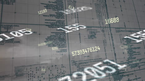 Animation of changing numbers over grid pattern against computer language against cloudy sky