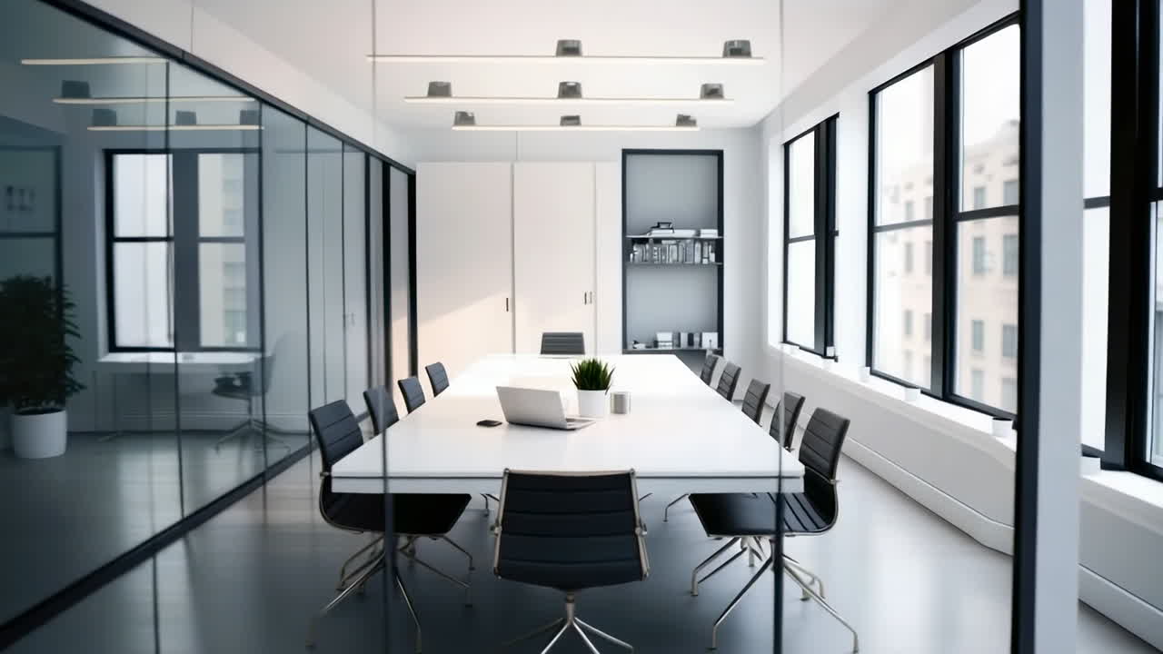 A modern, empty conference room with a long table and large windows