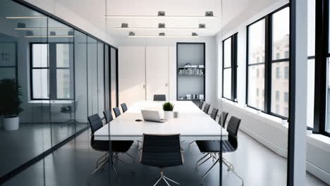 a modern, empty conference room with a long table and large windows