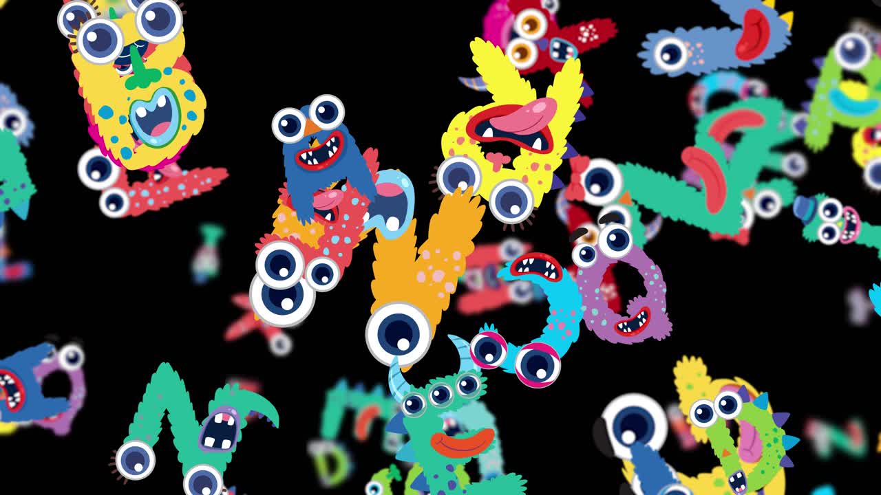 Colorful, animated letters with eyes and limbs move energetically against a dark background, creating a playful and dynamic visual experience