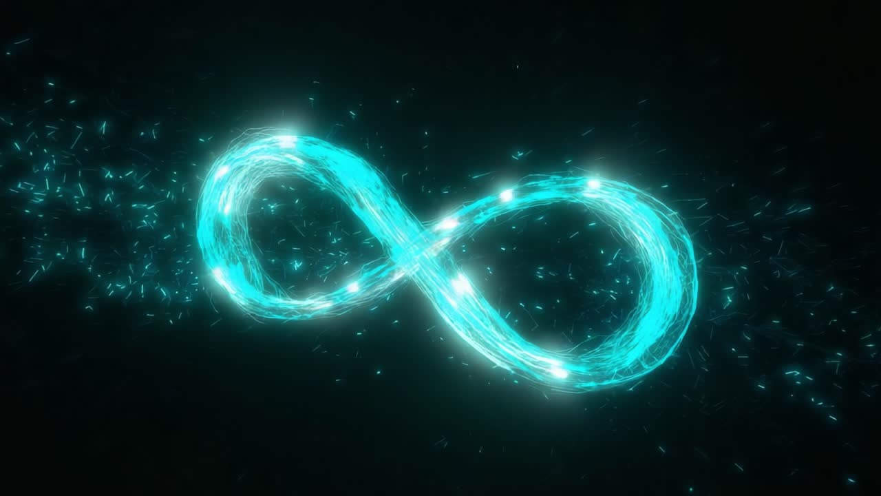 Luminous cyan infinity symbol shimmering with sparkling light particles and energy trails on a dark background, representing concepts like eternity, limitlessness, and perpetual motion