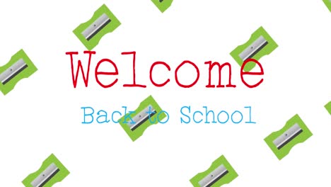 animation of welcome back to school text over school items icons on white background