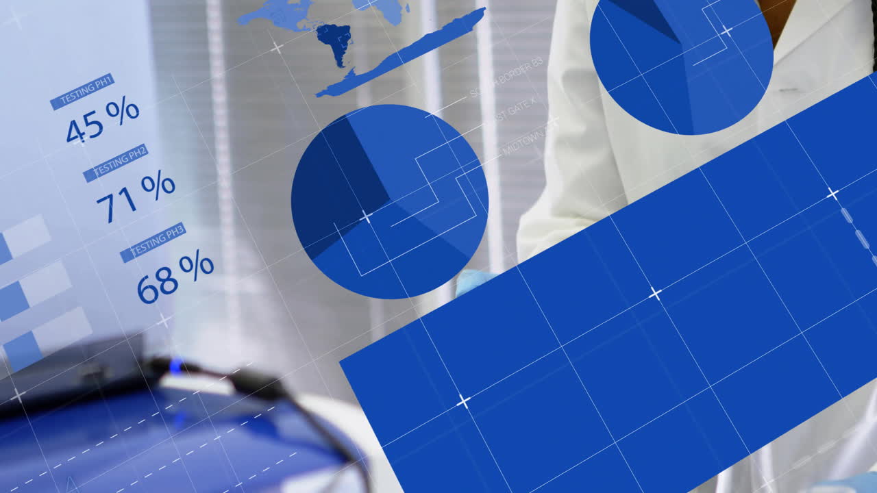 animación de procesamiento de datos financieros sobre una científica afroamericana que trabaja en un laboratorio