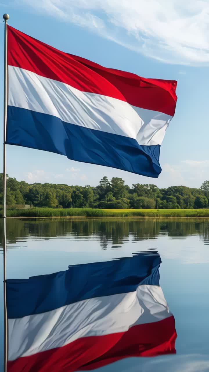 Vertical video: Fluttering red-white-blue flag on pole waving at lake, responding to gentle breeze