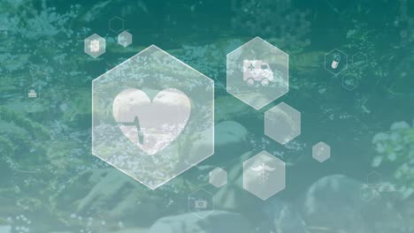 animation of heart monitor and ambulance in hexagons over river