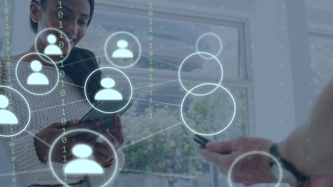 Woman tapping phone, man offering phone, launching tech overlay to exchange data via user nodes