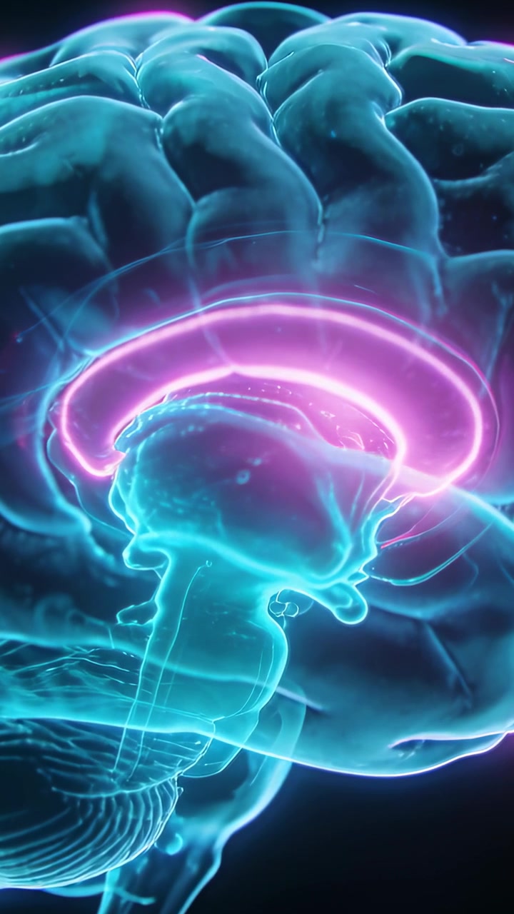 Vertical video: Pulsing magenta band causing camera zooming cyan brain in void revealing brainstem