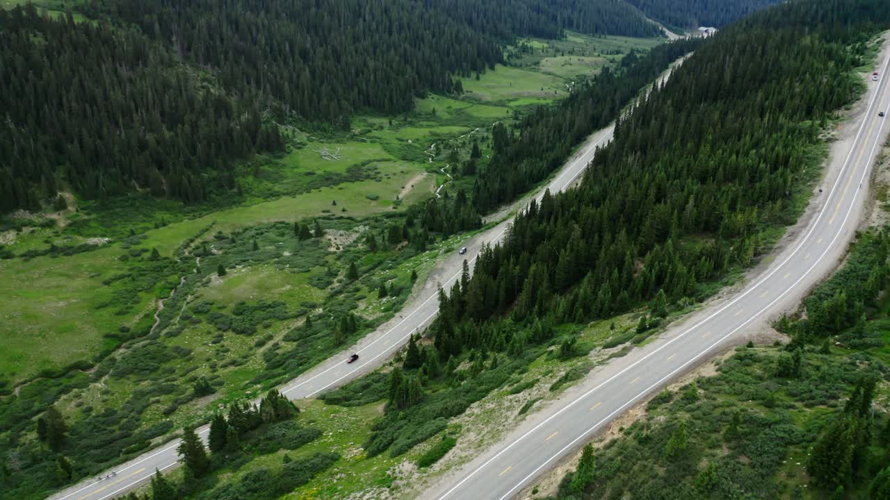 Drone shot over Highway 6 in Colorado's famous Loveland Pass