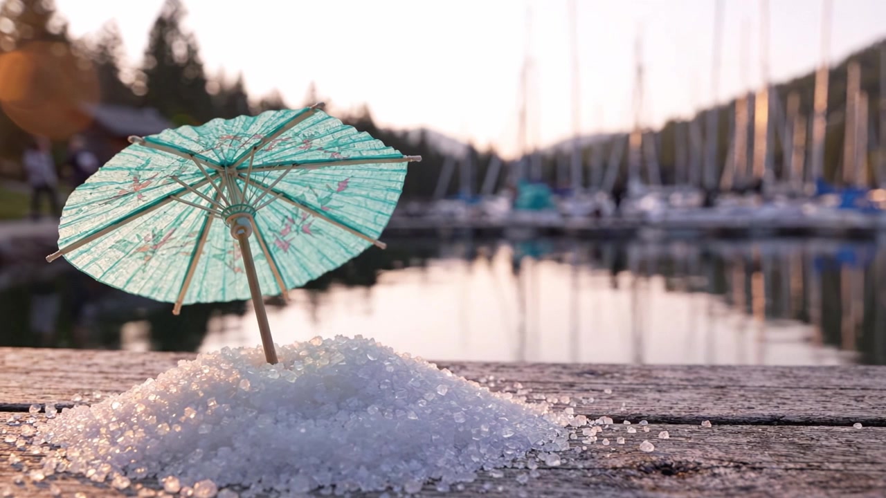 En fredfyldt scene med en farverig cocktailparaply, der hviler på en bunke salt ved siden af en rolig havn med både i baggrunden ved solnedgang.