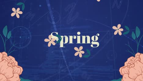 파란색 배경의 데이터 처리에 반해 떨어지는 분홍색 꽃 아이콘과 함께 봄 텍스트