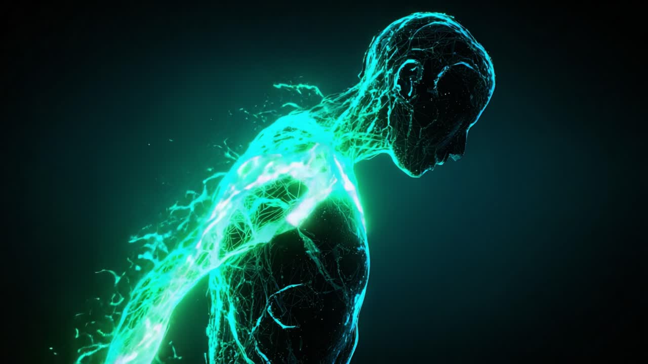 A mesmerizing depiction of a digitally rendered humanoid figure in motion, showcasing an ethereal interplay of energy and light that captures the essence of transformational power and creativity