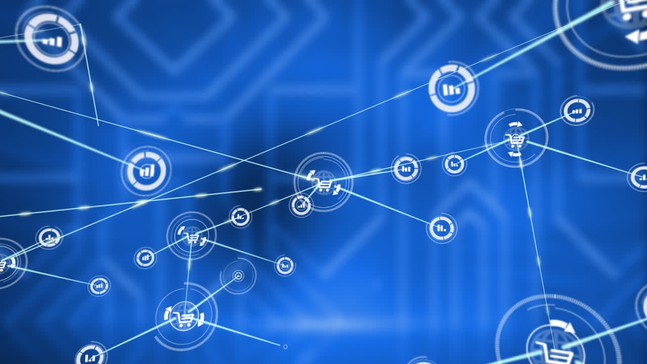 animación de la red de conexiones con iconos sobre formas sobre fondo azul