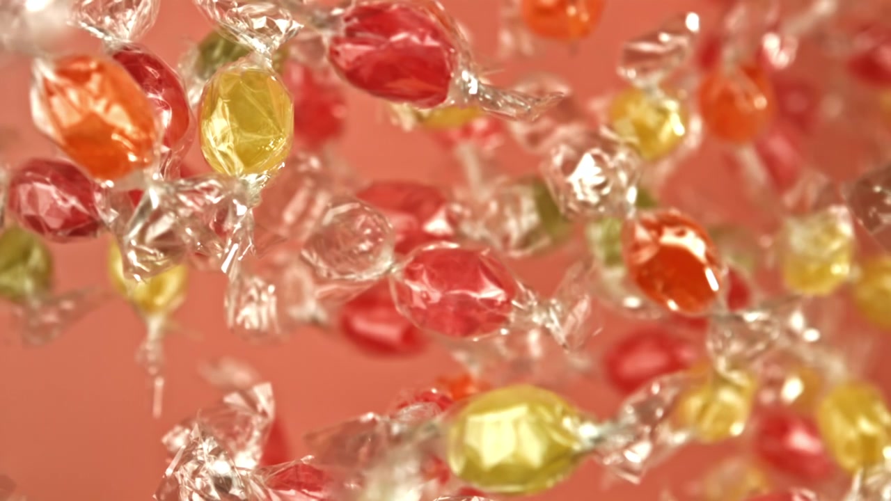 Pembe bir arka plana karşı yüzen renkli ambalajlı şekerler