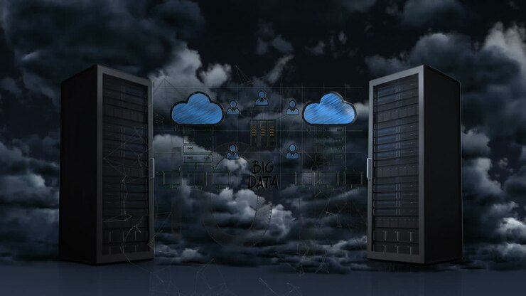 Animation of computer servers over cloudy sky