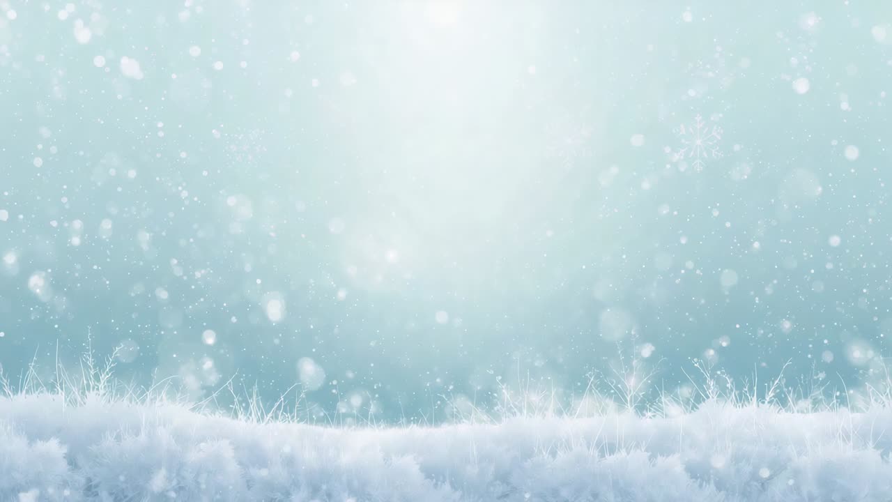 Snowfall starting flakes drifting and changing density above mound with frosted grass in field glow