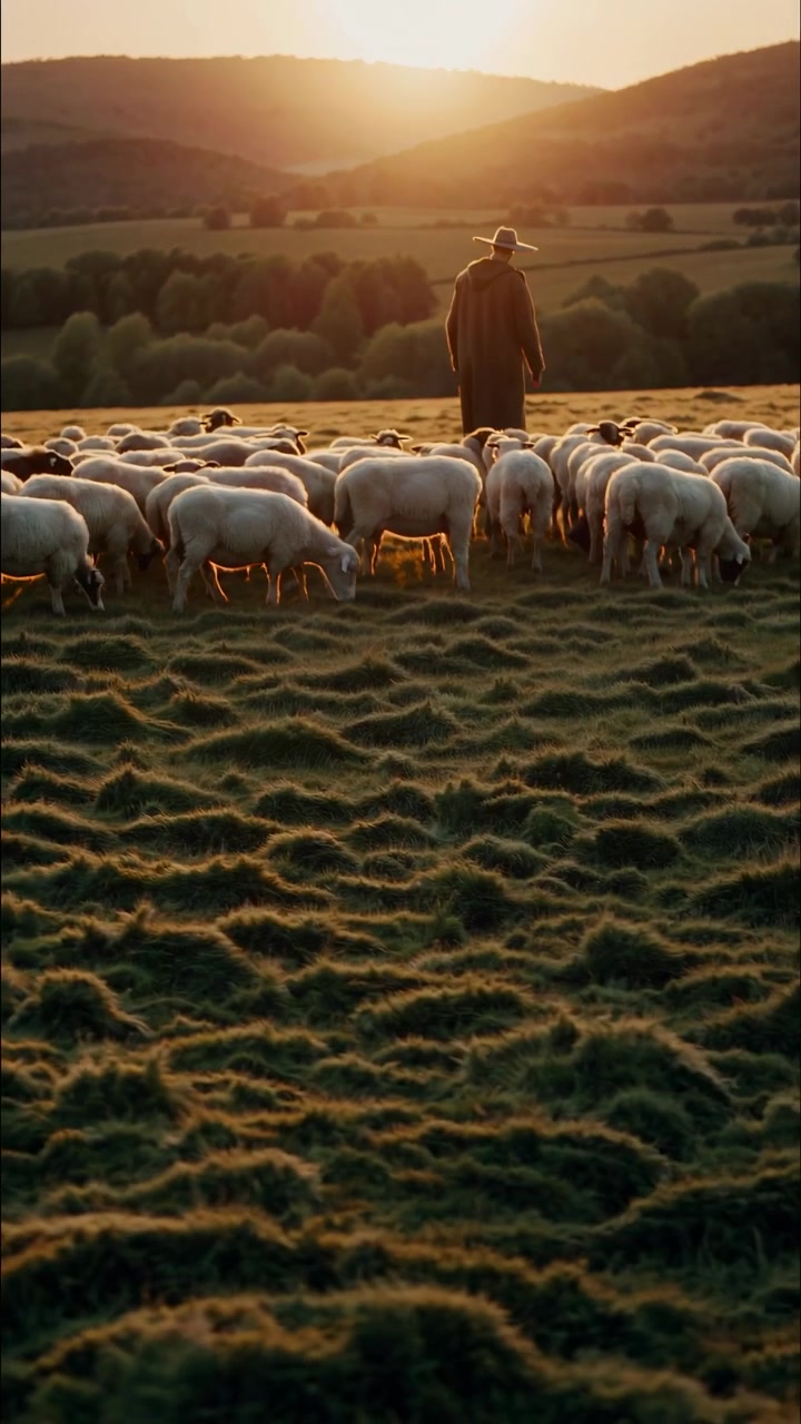 Hyrde, der passer en fåreflok på en eng i den gyldne time