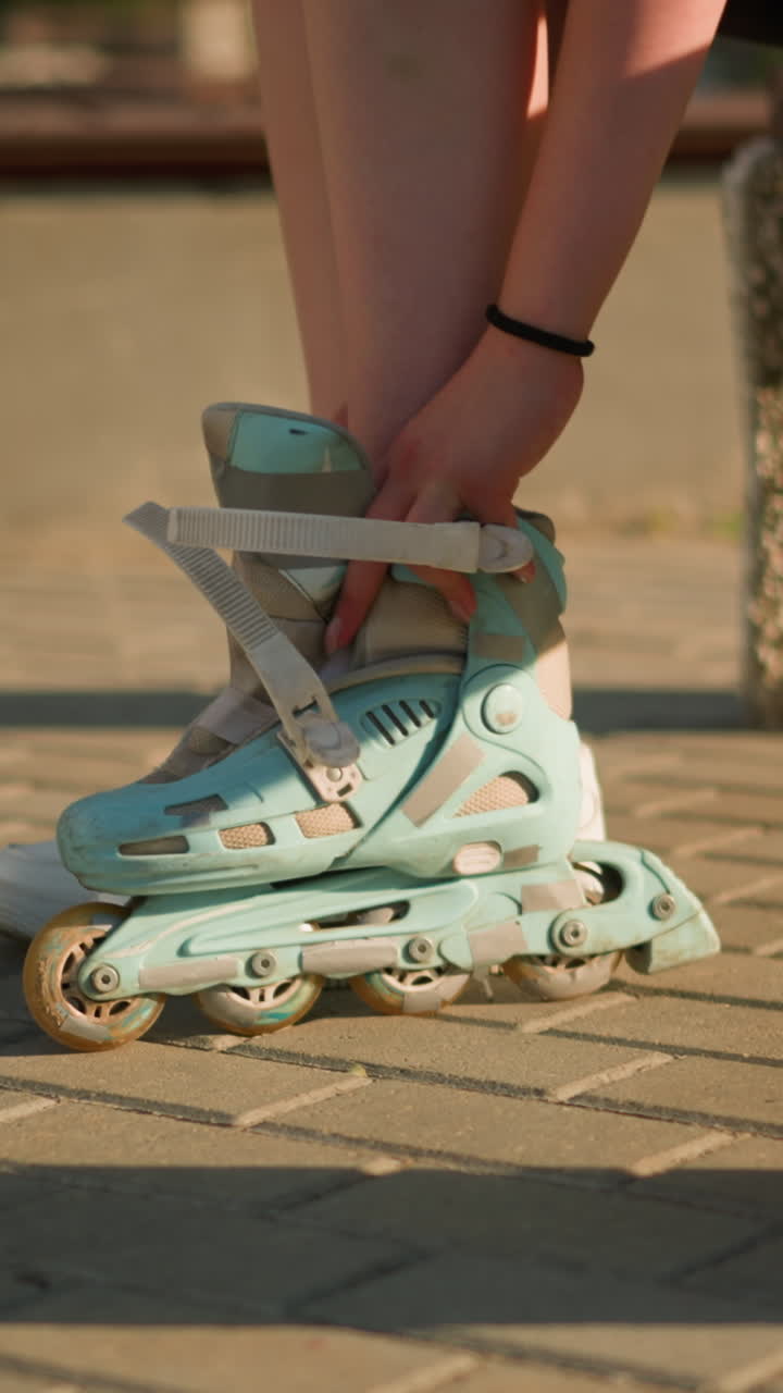 side view of individual seated on bench wearing cyan roller skates while adjusting strap with black bangle on right hand, close by is white sneaker on pavement with sunlight casting shadows