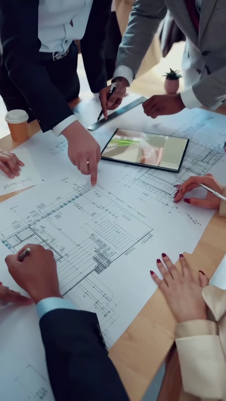 Overhead angle of a team collaborating on blueprints, perfect for a business meeting video