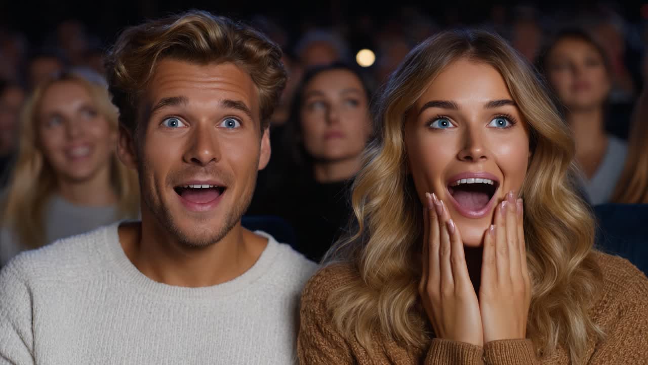 Excitement and Anticipation: A Couple's Reaction to an Engaging Movie Experience Captured in Genuine Expressions of Joy and Wonder