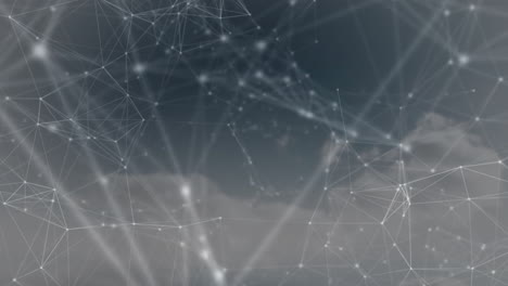 network of connections and data processing animation over cloudy sky background