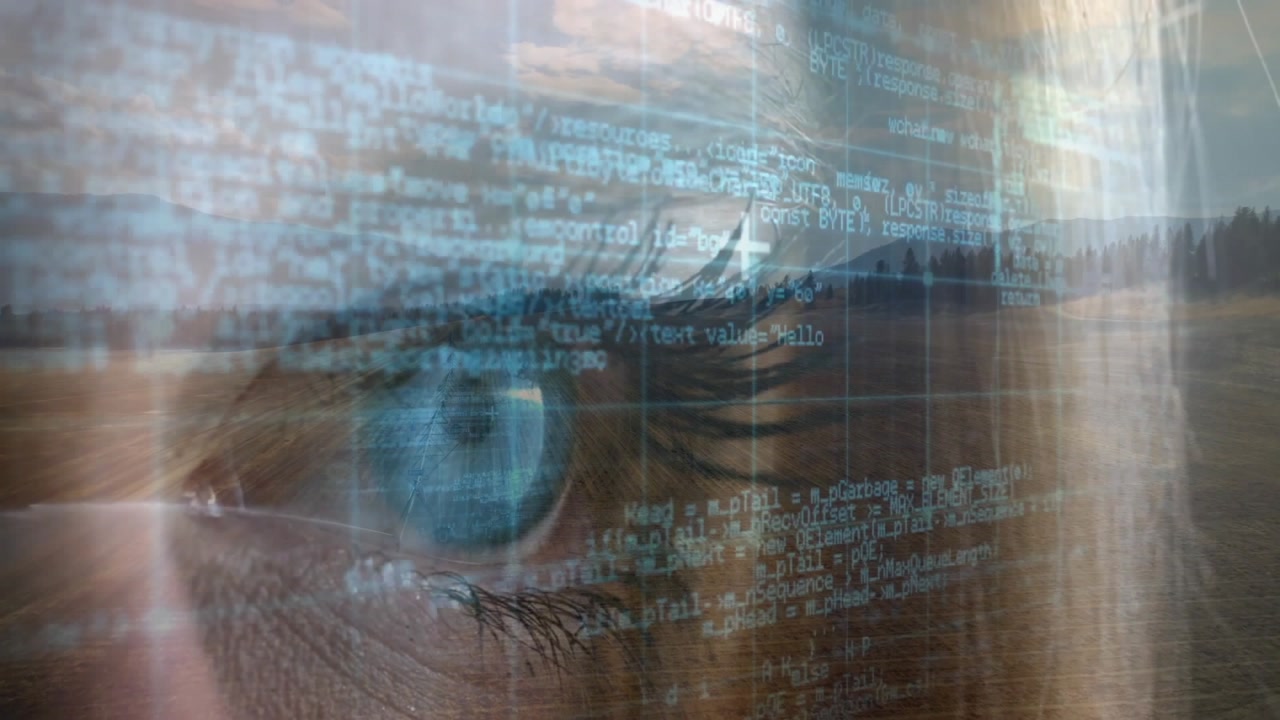 Opening grassy plain initiating merging with female eye while code overlay intensifying for UI demo