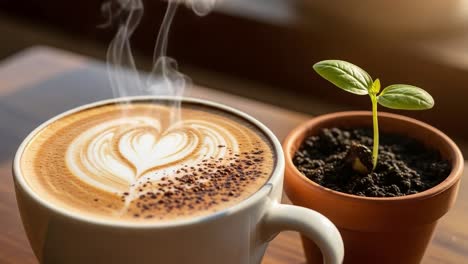 A Cozy Scene Featuring Heart-Shaped Latte Art and a Young Plant, Evoking a Sense of Comfort and Nature in a Beautiful Morning Light