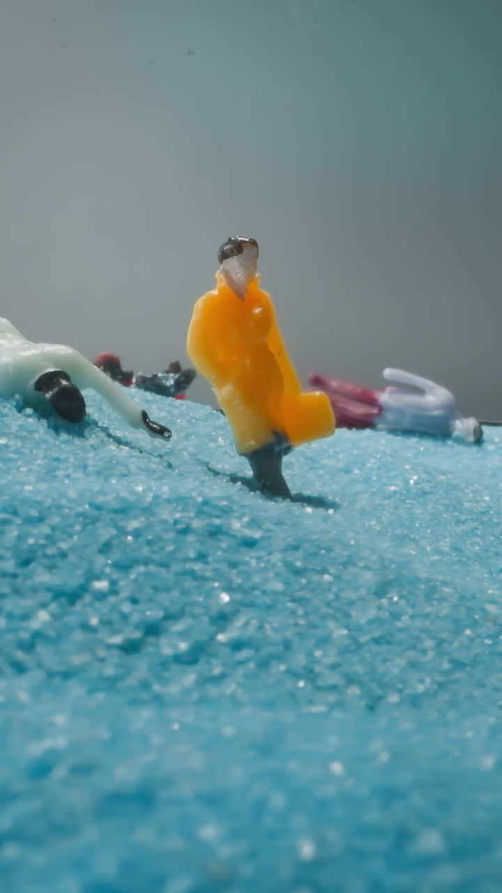 Figures of people falling on soft light blue sand after jolt. Small figurines lying on sandy hill shimmering at bright light under grey sky macro