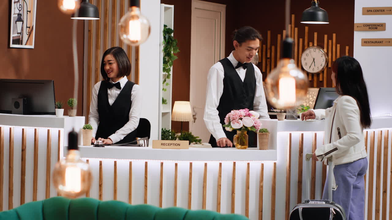 una mujer asiática llega a la recepción del hotel preguntando por la reserva.