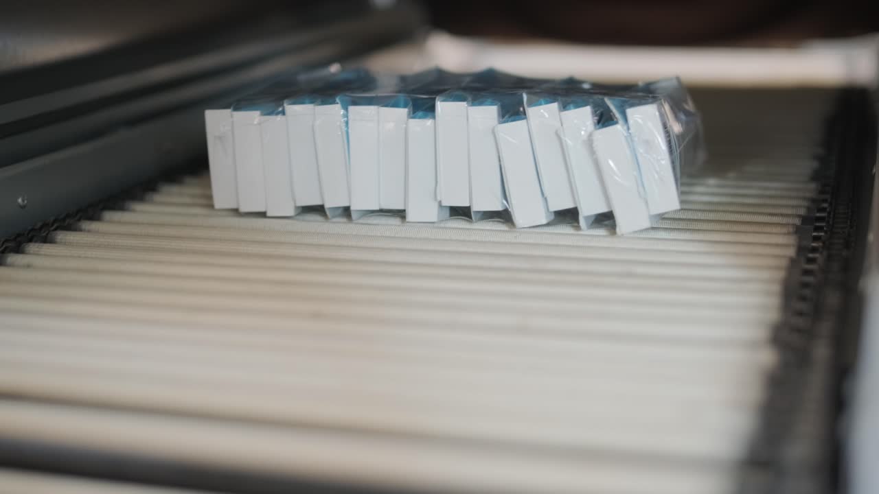 Packaged products on a conveyor belt