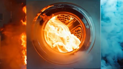 a burning washing machine in the middle of a room