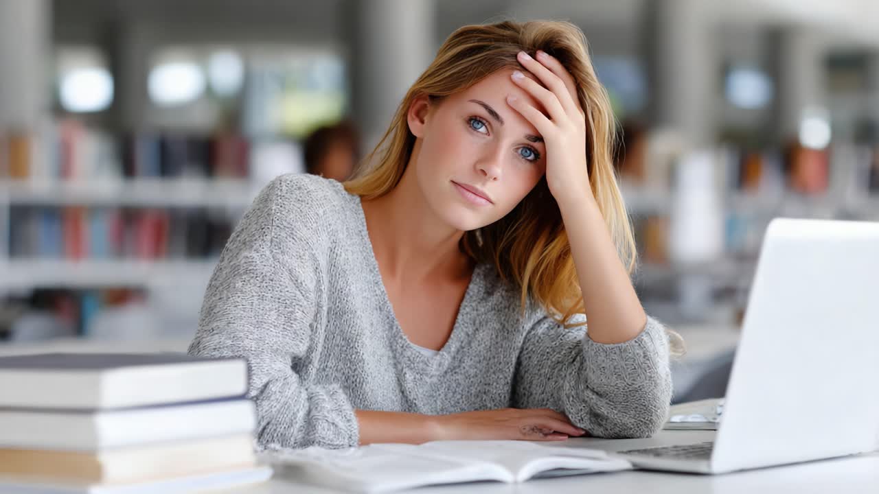 A Young Woman in a Library Expresses Concern While Studying at Her Laptop Surrounded by Books, Emphasizing the Pressures of Academic Life and the Pursuit of Knowledge