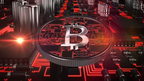 bitcoin y punto de luz moviéndose sobre el circuito de conexiones