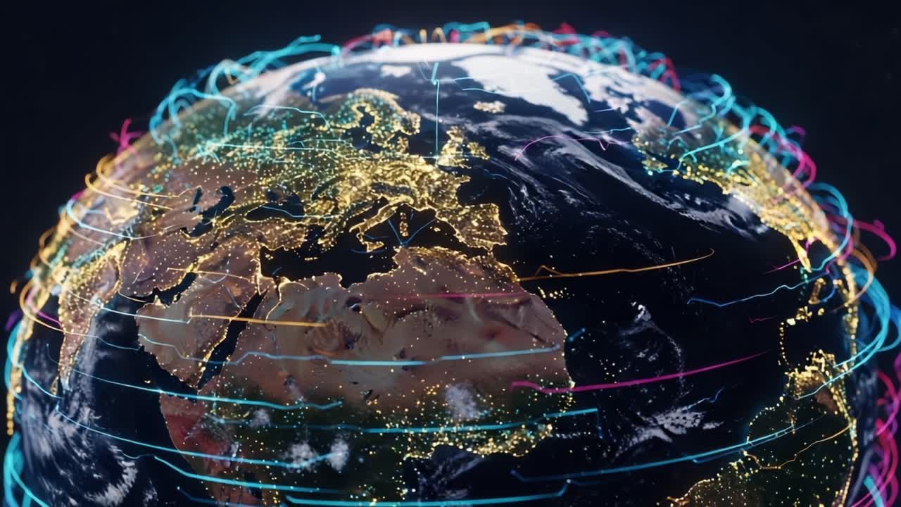 Dynamic Global Visualization: A Stunning Display of Earth’s Surface with Vibrant Light Trails and City Highlights, Showcasing Data In Motion around the Globe
