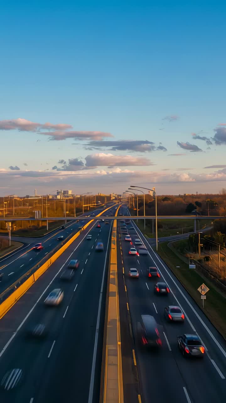 Vertical video: Moving traffic flowing along multi-lane highway at overpass, on-ramp causing merges