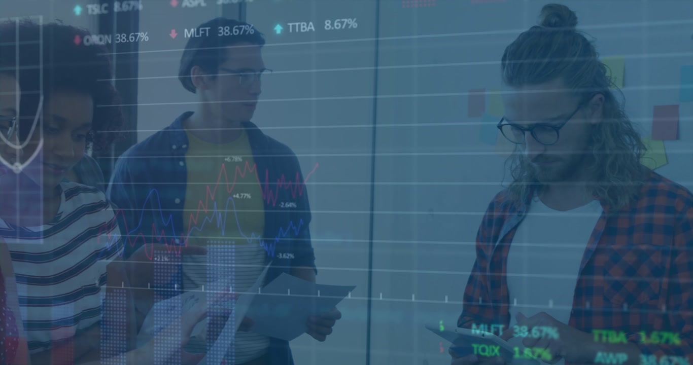 Animation of stock market data processing and diverse colleagues with documents discussing at office
