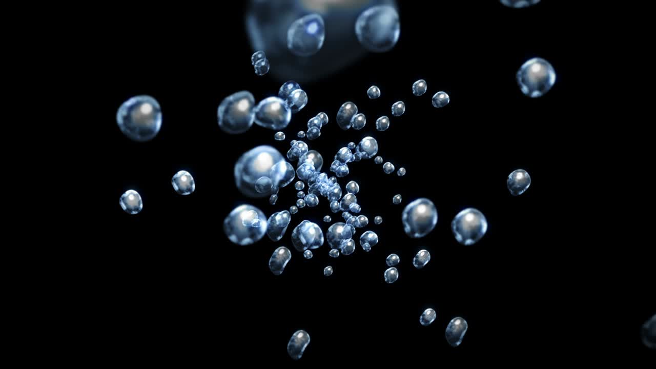 검은 바탕에 많은 물방울이 날아가고, 순수한 물방울, 투명한 표면, 공기 거품이 회전하는 3d 애니메이션, 루프 애니메이션.
