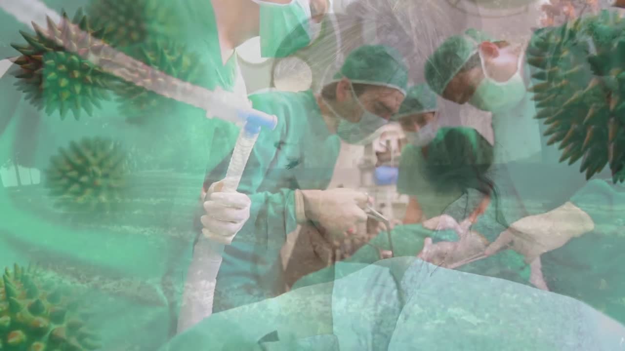 수술실에서 얼굴 마스크를 착용하는 다양한 외과 의사들에 대한 코로나 19 세포의 애니메이션