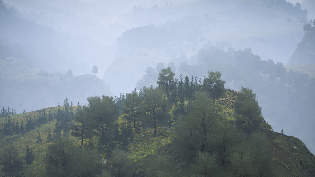 Misty hills with lush greenery and distant mountains during early morning