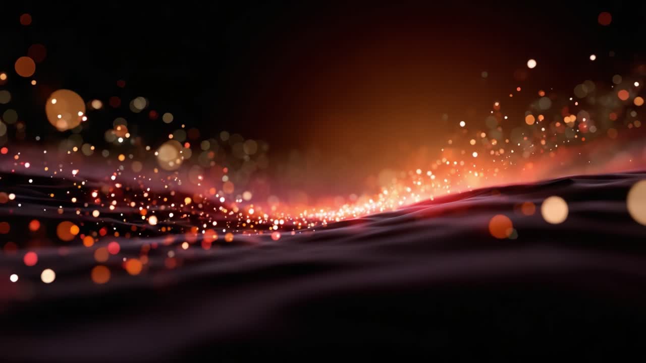 Un'ipnotica rappresentazione di particelle luccicanti che fluttuano con grazia su un vivido sfondo scuro, creando un'incantevole esperienza visiva in movimento