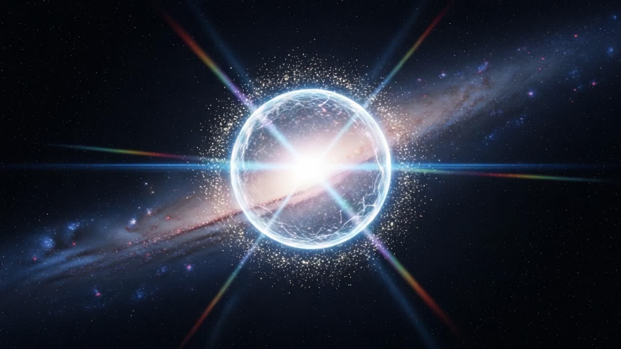 A mesmerizing cosmic phenomenon unfolds as a luminous sphere radiates brilliant light, surrounded by a stunning galaxy displaying vivid colors and distant stars throughout the expanse of space