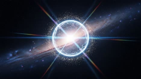 a mesmerizing cosmic phenomenon unfolds as a luminous sphere radiates brilliant light, surrounded by a stunning galaxy displaying vivid colors and distant stars throughout the expanse of space