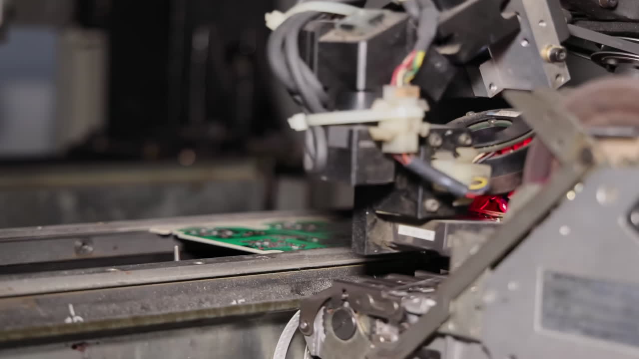 Workshop well-lit factory environment Automation electronics industry robotic arm assembling electronics components on circuit board in high-tech manufacturing facility