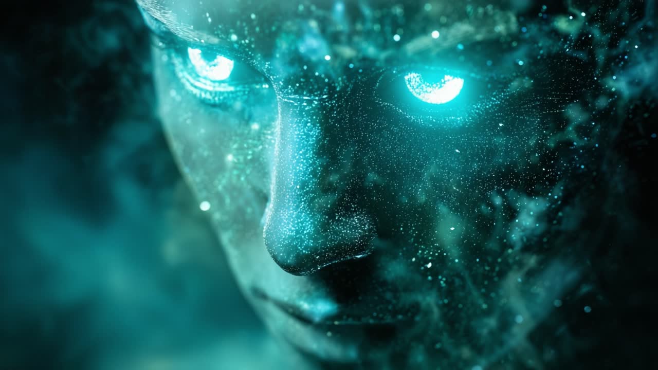 Close up of a mystical cosmic being's face emerging from stardust and nebula, featuring intense, glowing cyan eyes that radiate powerful energy in a dark, atmospheric cosmic environment