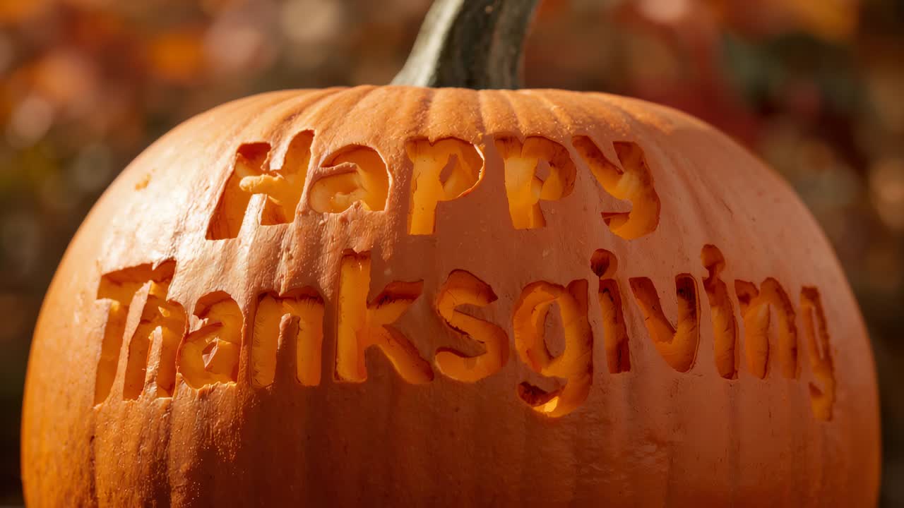 Switching on internal light, carved pumpkin glowing on porch, with Happy Thanksgiving carving