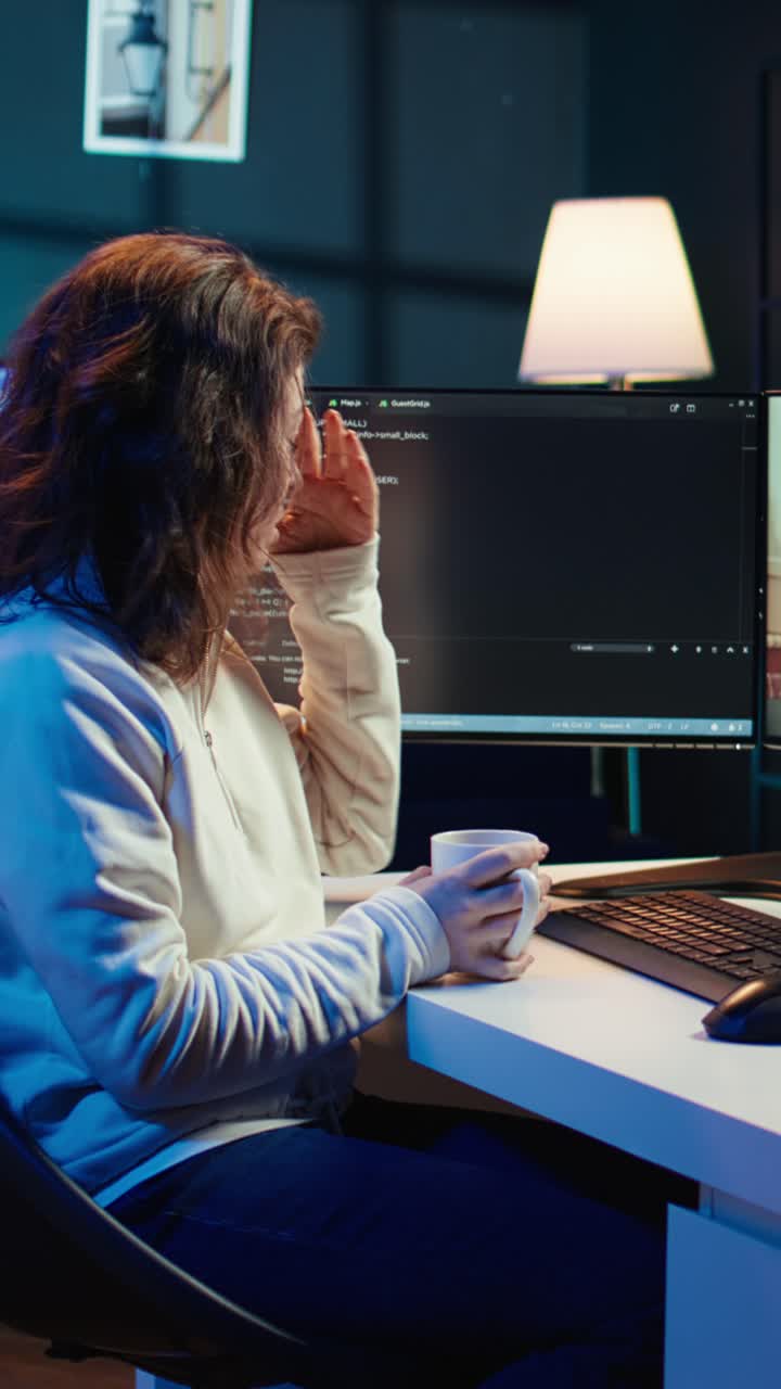 Vertical video IT master teaching apprentice in webinar how to write code