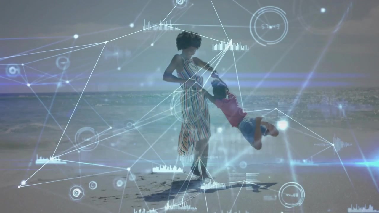 Child approaching, woman reaching hands and swinging child, bonding while tech HUD nodes overlaying